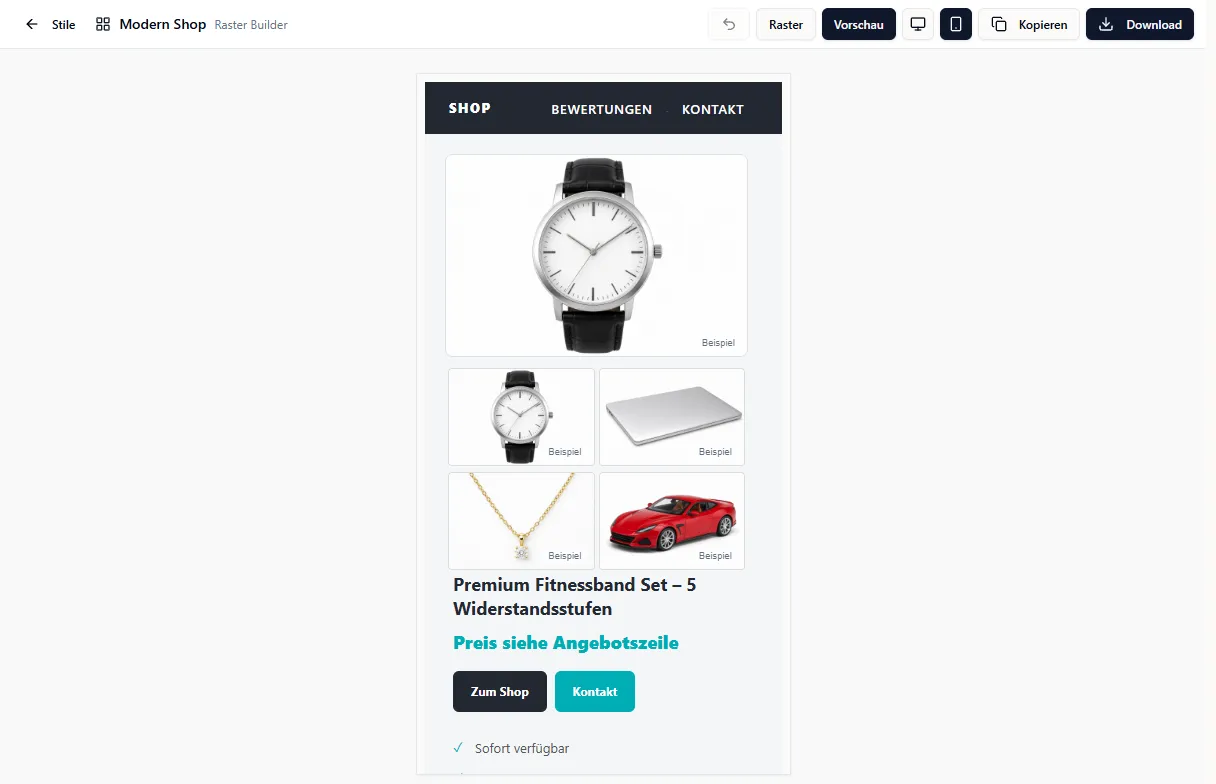 Raster-Builder mit der Vorlage Modern Shop in der Mobile-Vorschau