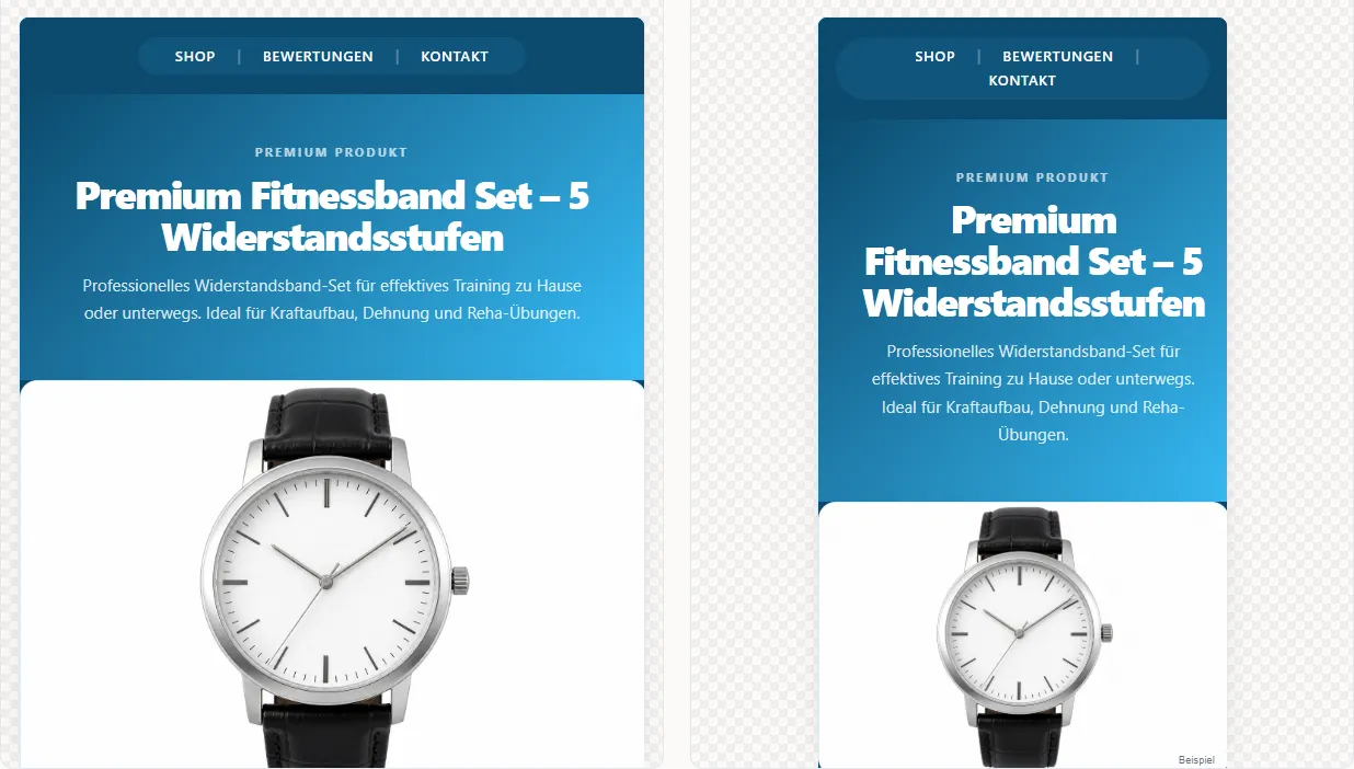 Dieselbe eBay-Vorlage links in der Desktop-Vorschau und rechts in der Mobile-Vorschau des Block-Builders